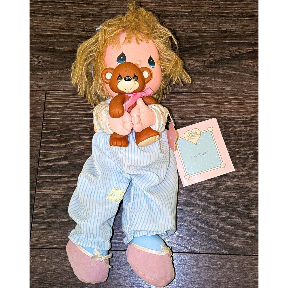 Precious Moments Rag Cloth Doll w/ Teddy Bear & "I Love You" Tag, Overalls